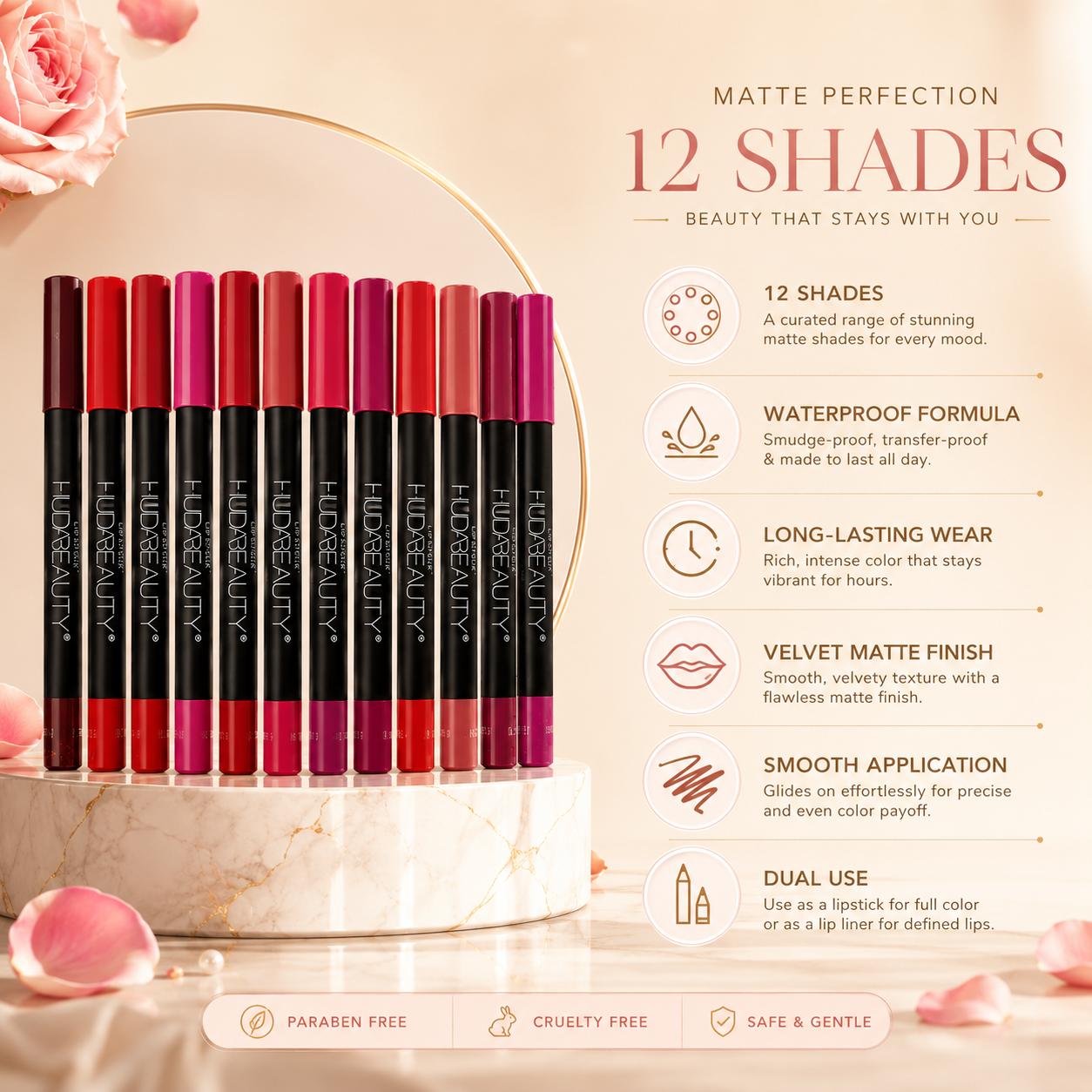 HUDA BEAUTY Matte Lipstick Pencil Set – 12 Waterproof Matte Lip Crayons | Long-Lasting Collection
