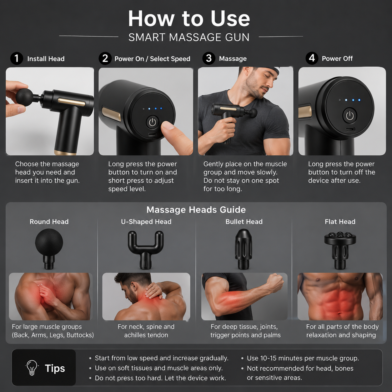 Portable Smart Massage Gun with 4 Massage Heads for Deep Tissue Muscle Recovery