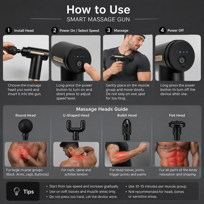 Portable Smart Massage Gun with 4 Massage Heads for Deep Tissue Muscle Recovery