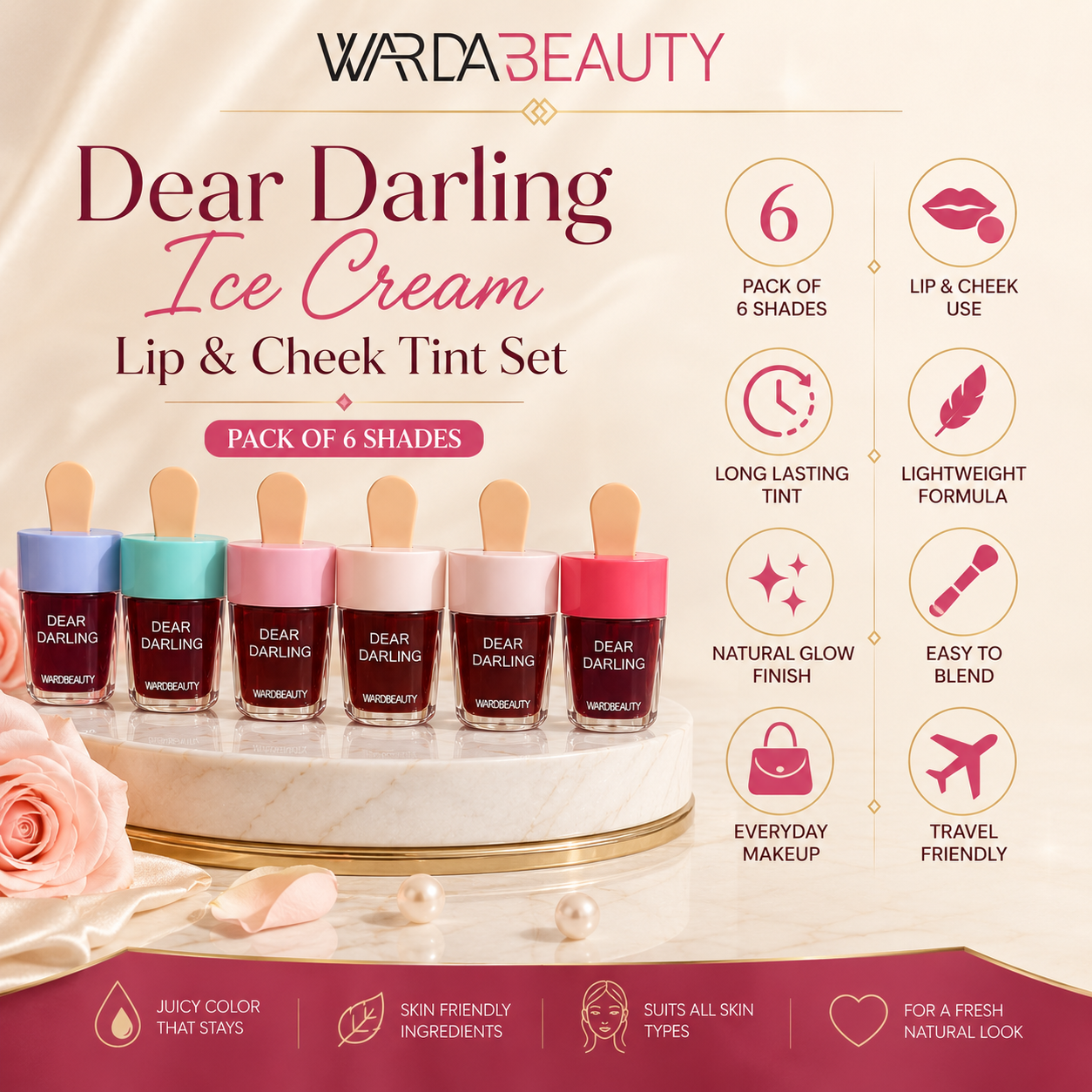 Dear Darling WardaBeauty Ice Cream Lip & Cheek Tint Set – Pack of 6 | Long-Lasting Natural Glow